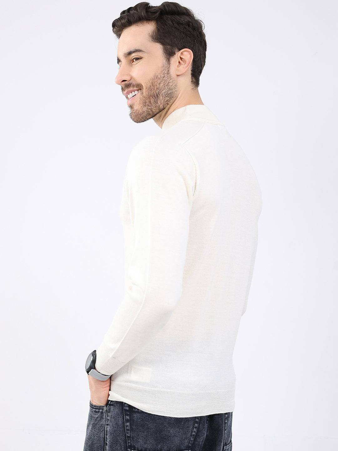 Luxuria Men White Solid High Neck Full Sleeve Pullover