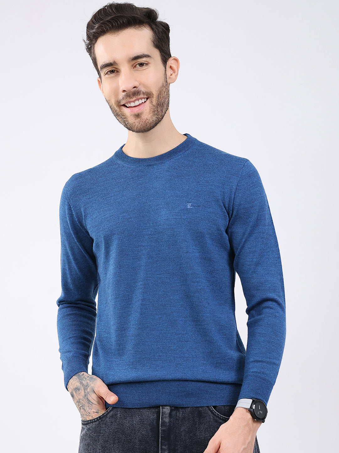 Luxuria Men Blue Solid Round Neck Full Sleeve Pullover