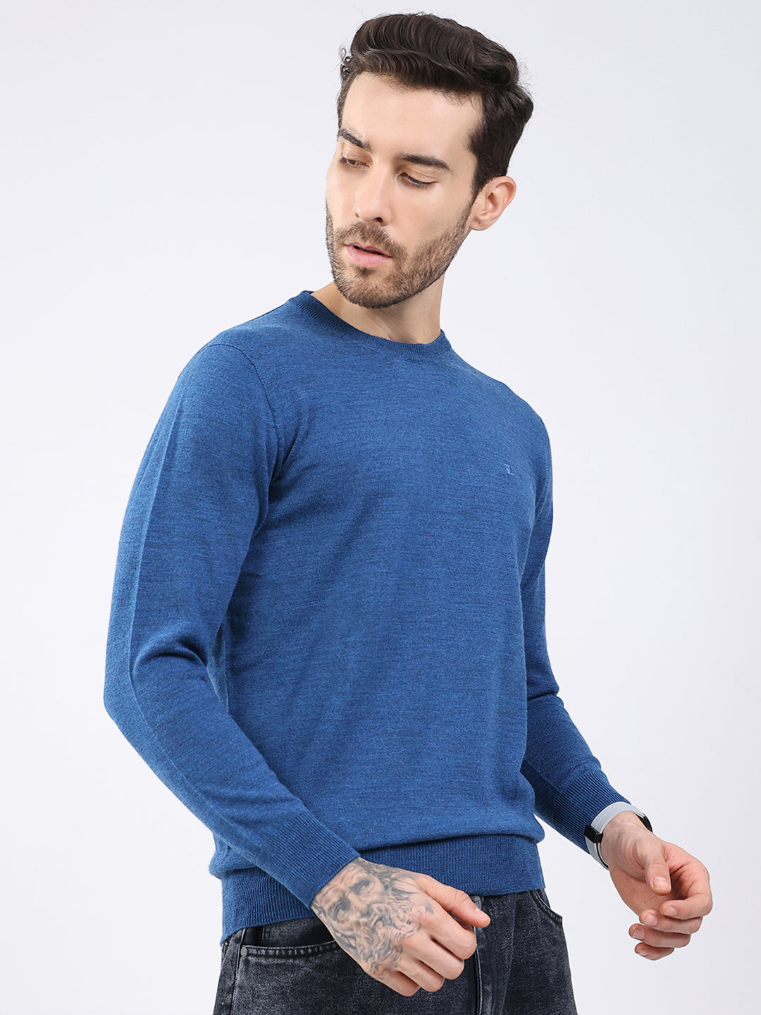 Luxuria Men Blue Solid Round Neck Full Sleeve Pullover