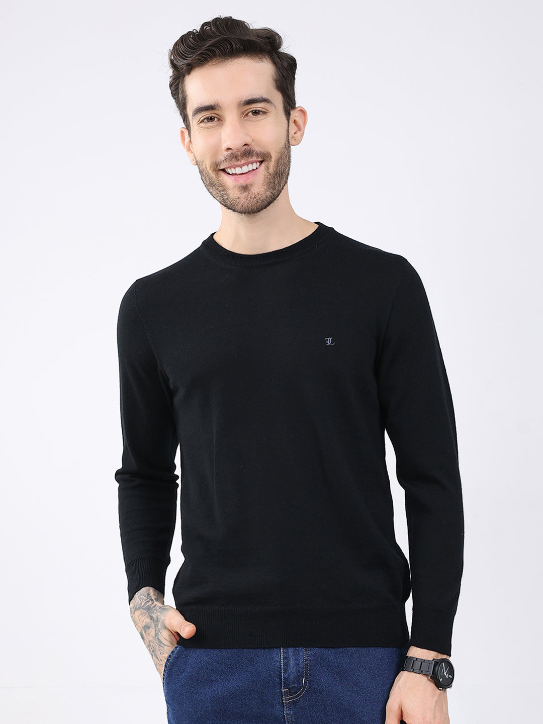 Luxuria Men Black Solid Round Neck Full Sleeve Pullover