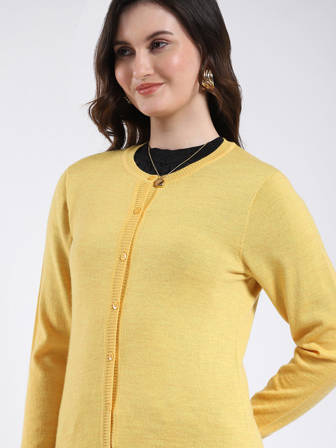Luxuria Women Yellow Solid Round Neck Full Sleeve Cardigan