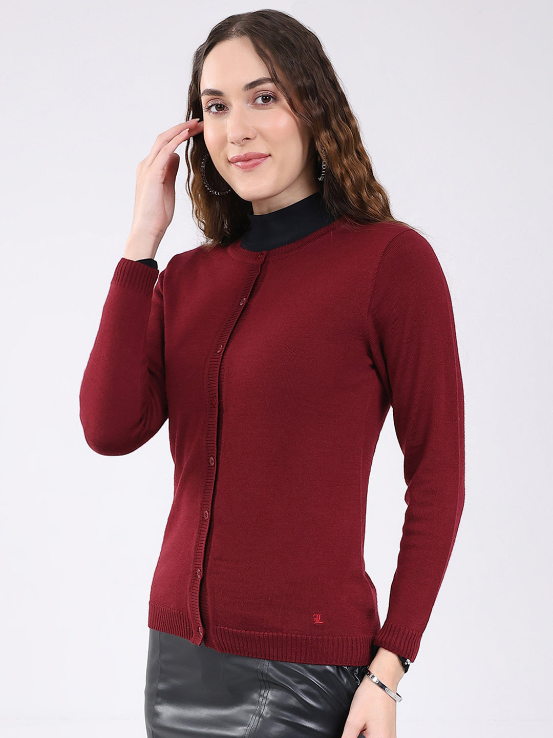 Luxuria Women Maroon Solid Round Neck Full Sleeve Cardigan
