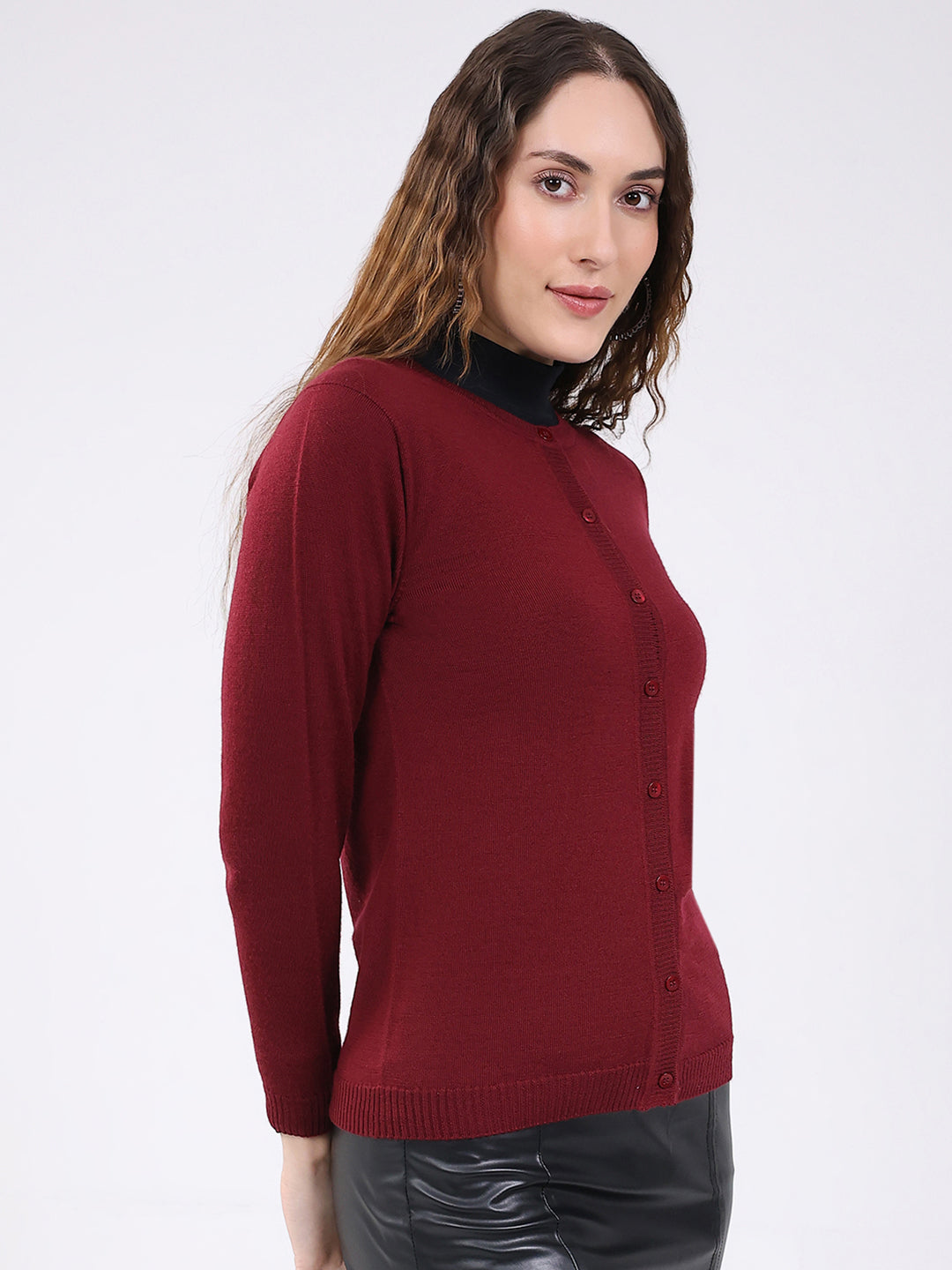 Luxuria Women Maroon Solid Round Neck Full Sleeve Cardigan