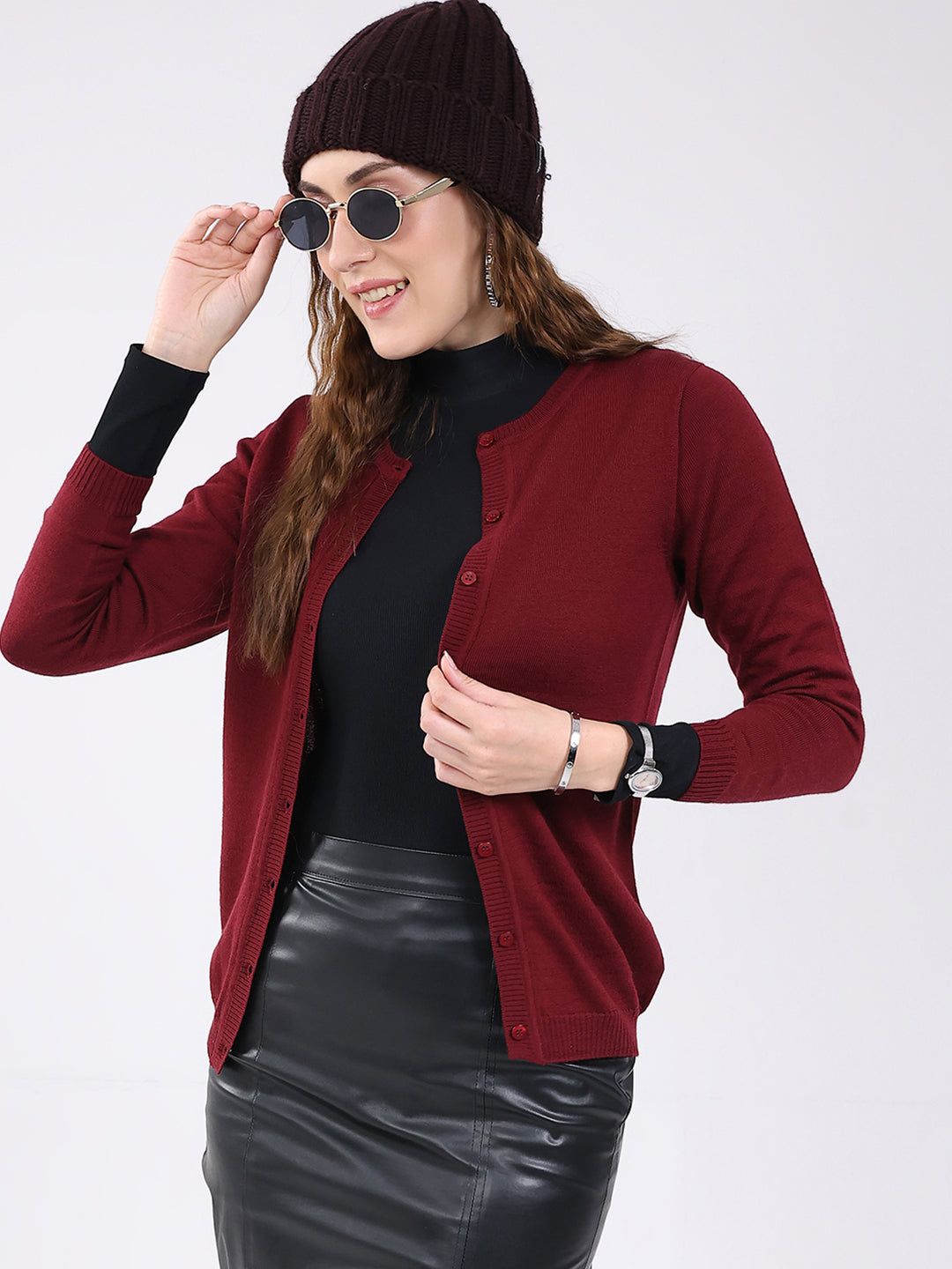 Luxuria Women Maroon Solid Round Neck Full Sleeve Cardigan