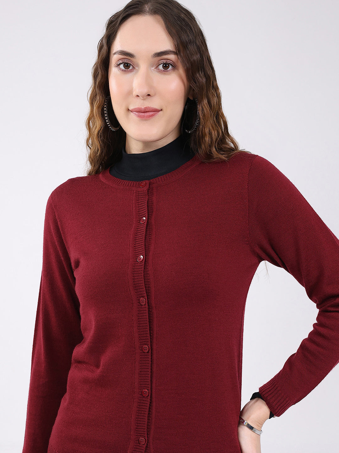 Luxuria Women Maroon Solid Round Neck Full Sleeve Cardigan