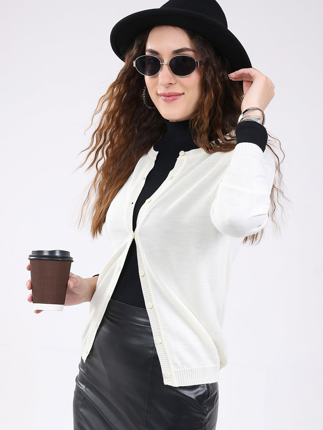 Luxuria Women White Solid Round Neck Full Sleeve Cardigan