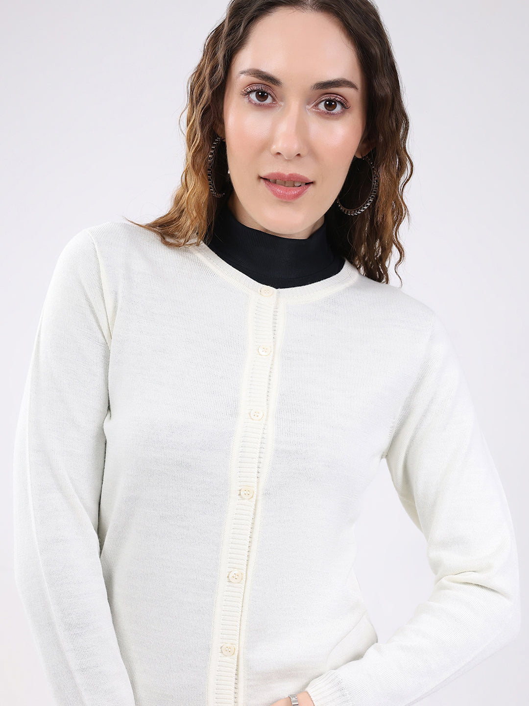 Luxuria Women White Solid Round Neck Full Sleeve Cardigan