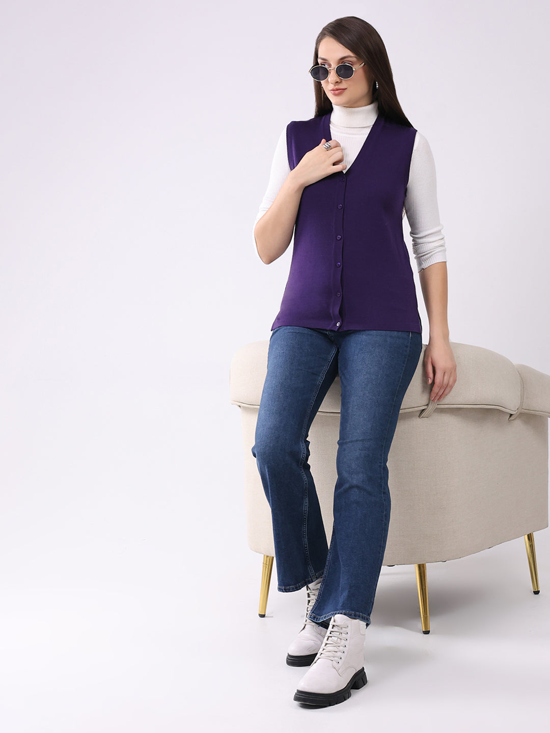 Luxuria Women Purple Solid V Neck Sleeveless Cardigan