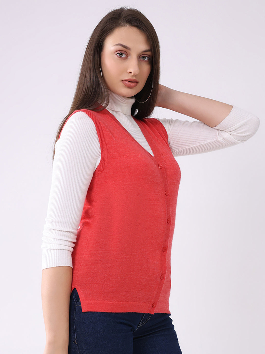 Luxuria Women Pink Solid V Neck Sleeveless Cardigan