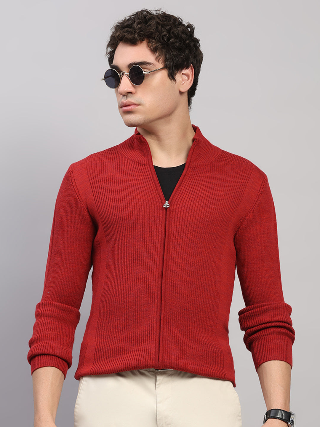 Luxuria Men Maroon Self Design Round Neck Full Sleeve Pullover