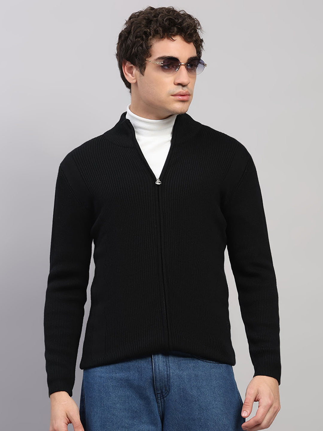 Luxuria Men Black Self Design Round Neck Full Sleeve Pullover