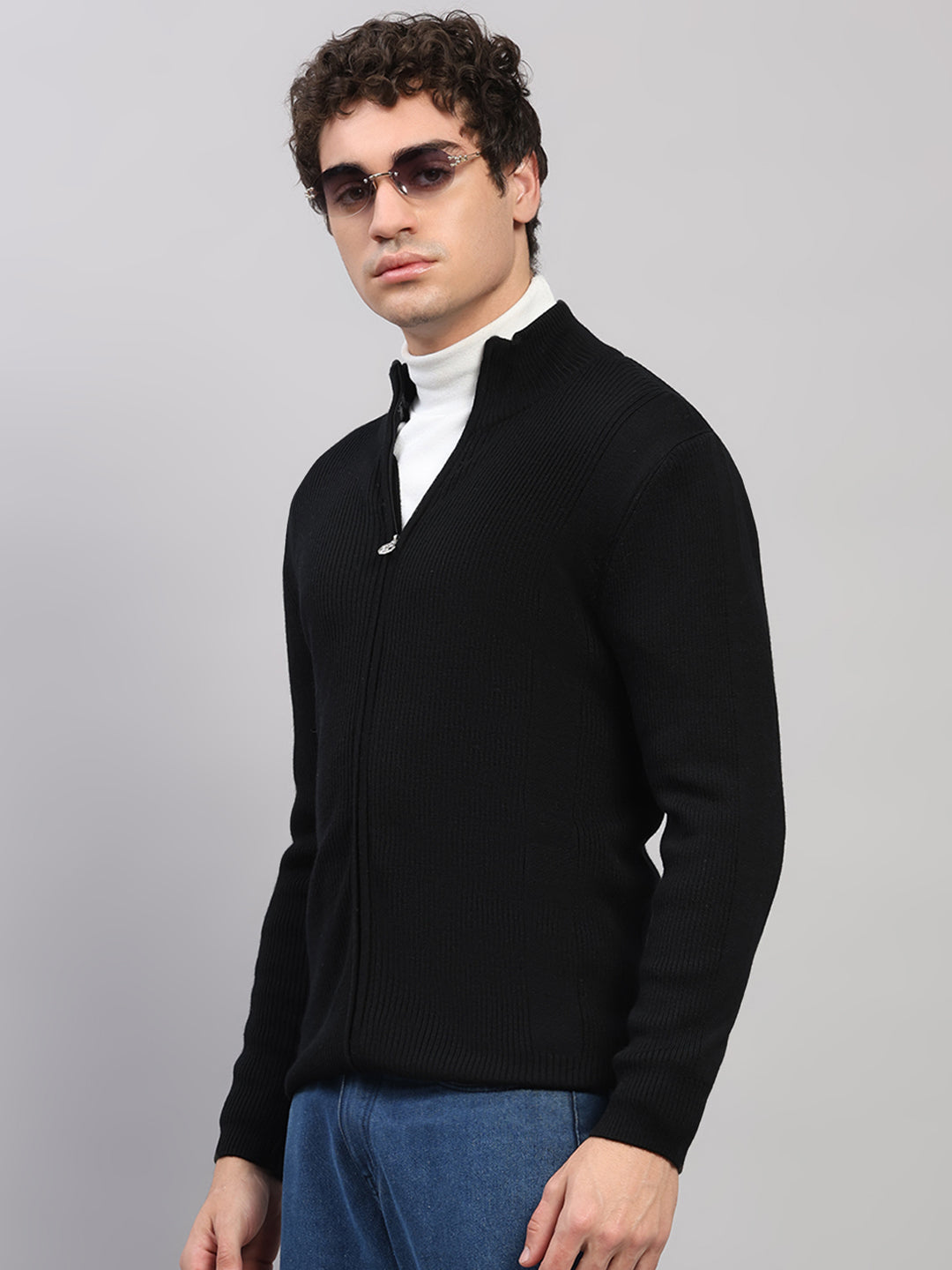 Luxuria Men Black Self Design Round Neck Full Sleeve Pullover