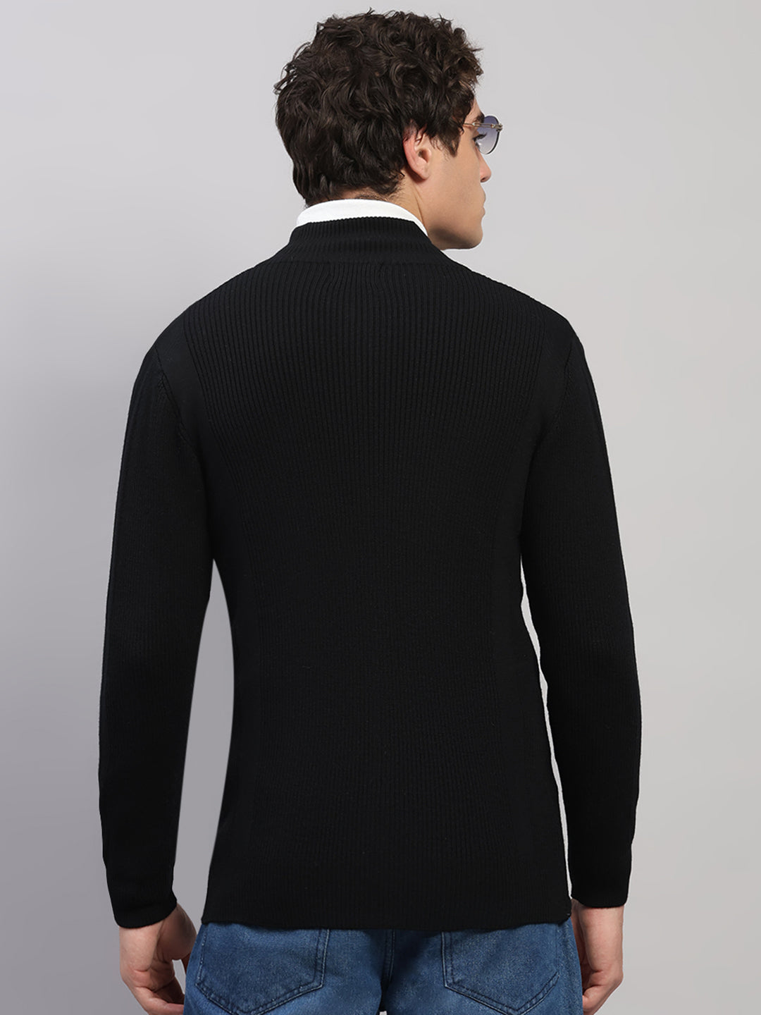 Luxuria Men Black Self Design Round Neck Full Sleeve Pullover