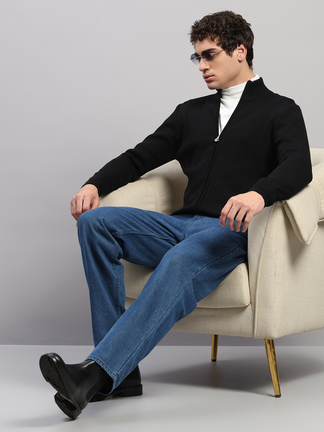 Luxuria Men Black Self Design Round Neck Full Sleeve Pullover