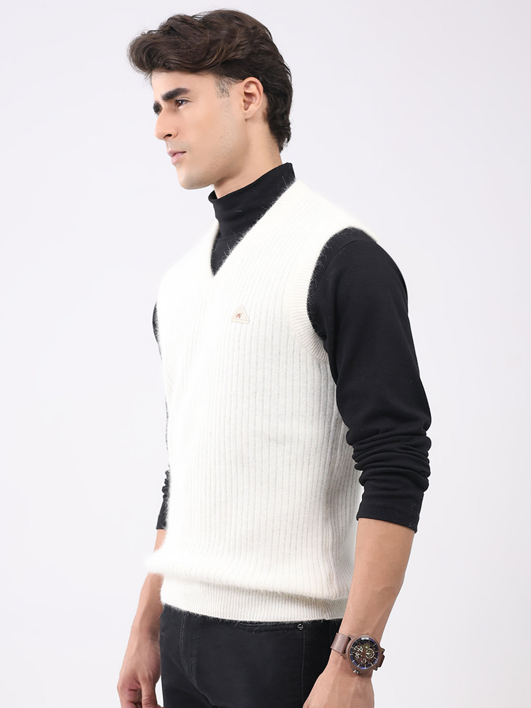 Men White Solid V Neck Sleeveless Sweater