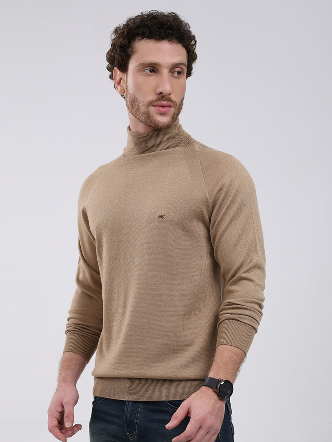 Men Khaki Solid Turtle Neck Full Sleeve Pullover