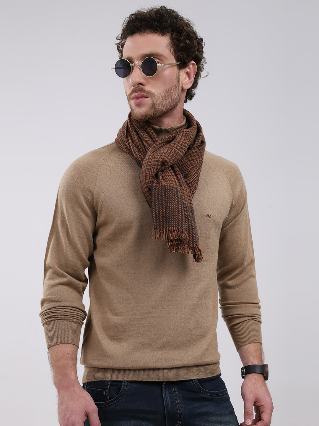Men Khaki Solid Turtle Neck Full Sleeve Pullover