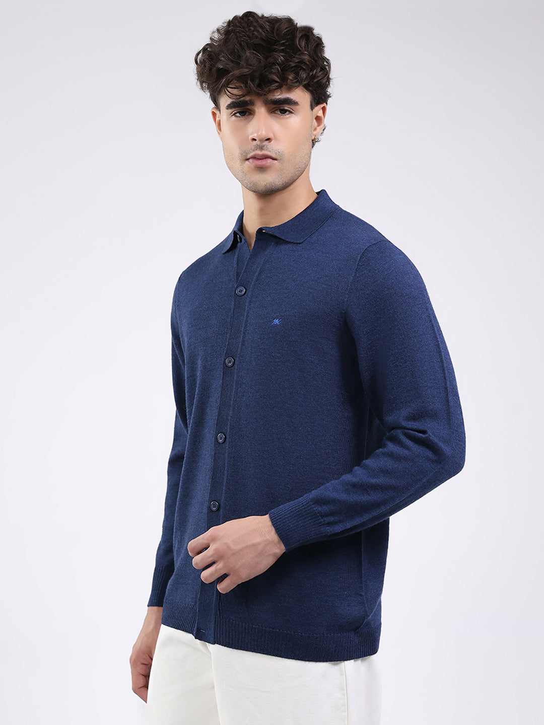 Men Navy Blue Solid Collar Full Sleeve Shirt