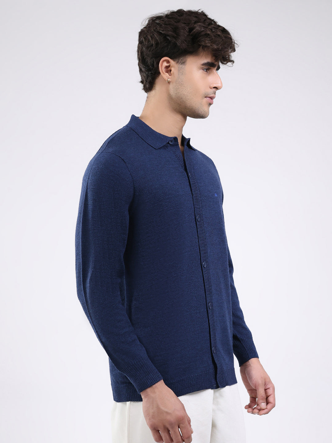 Men Navy Blue Solid Collar Full Sleeve Shirt