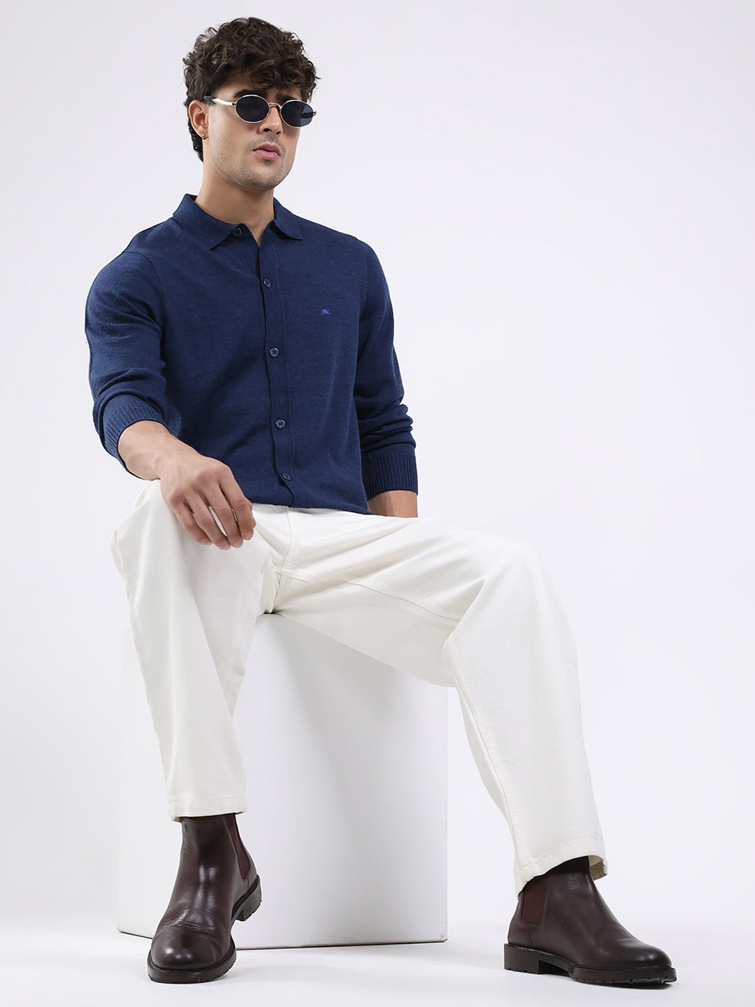 Men Navy Blue Solid Collar Full Sleeve Shirt