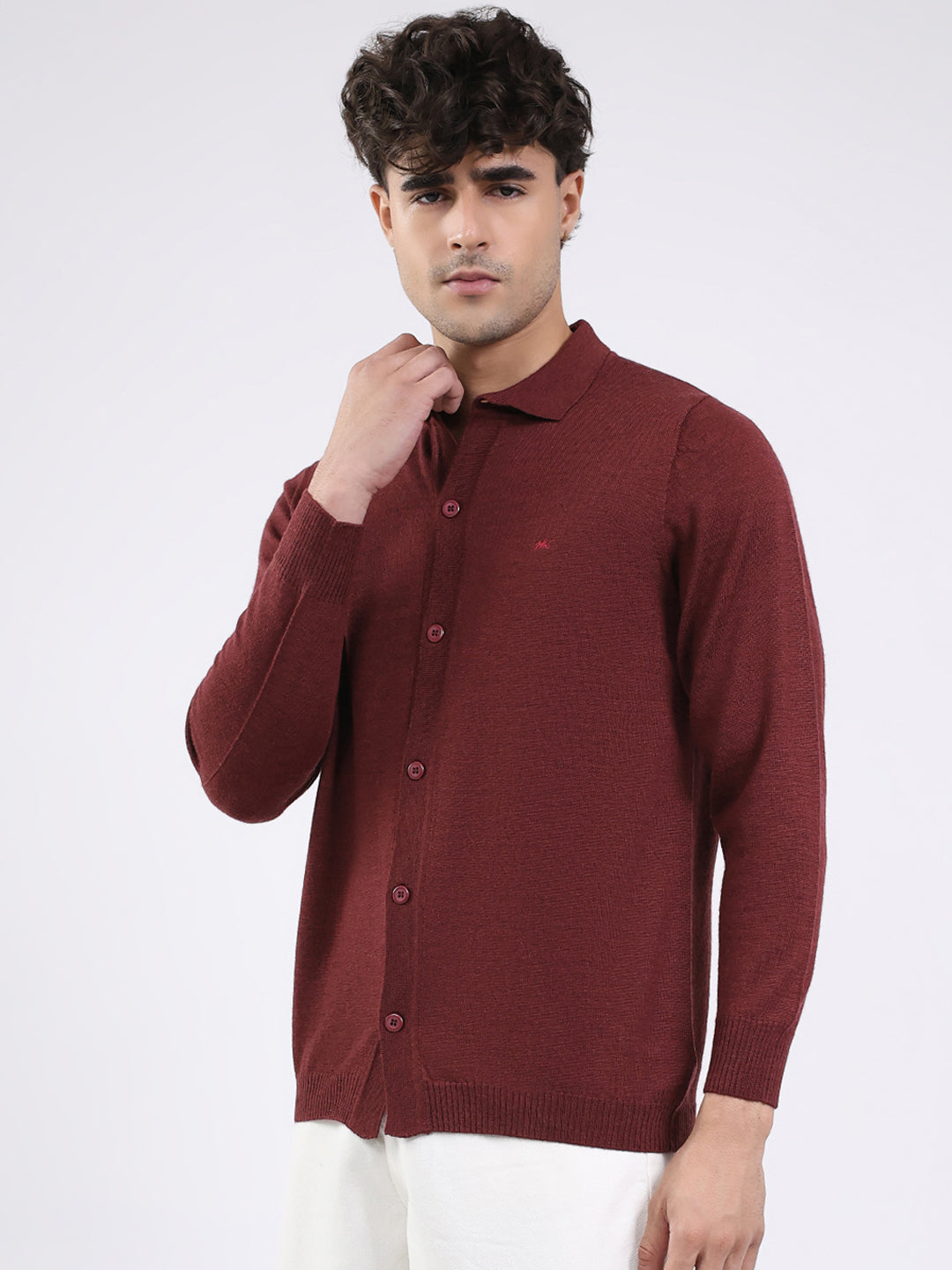 Men Maroon Solid Collar Full Sleeve Shirt