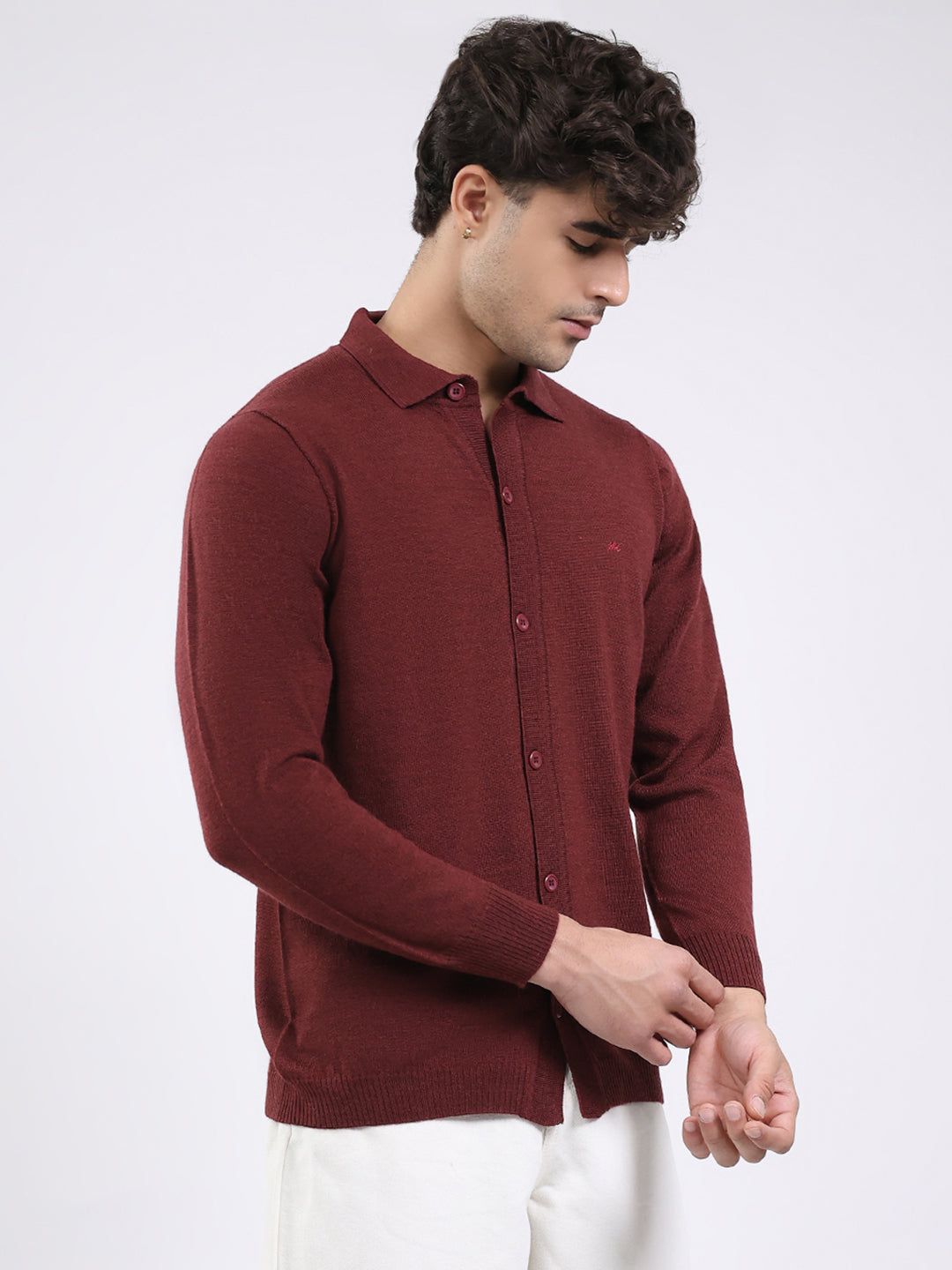 Men Maroon Solid Collar Full Sleeve Shirt