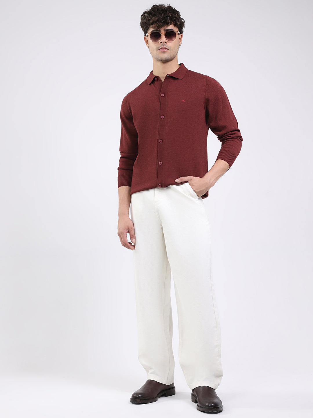 Men Maroon Solid Collar Full Sleeve Shirt