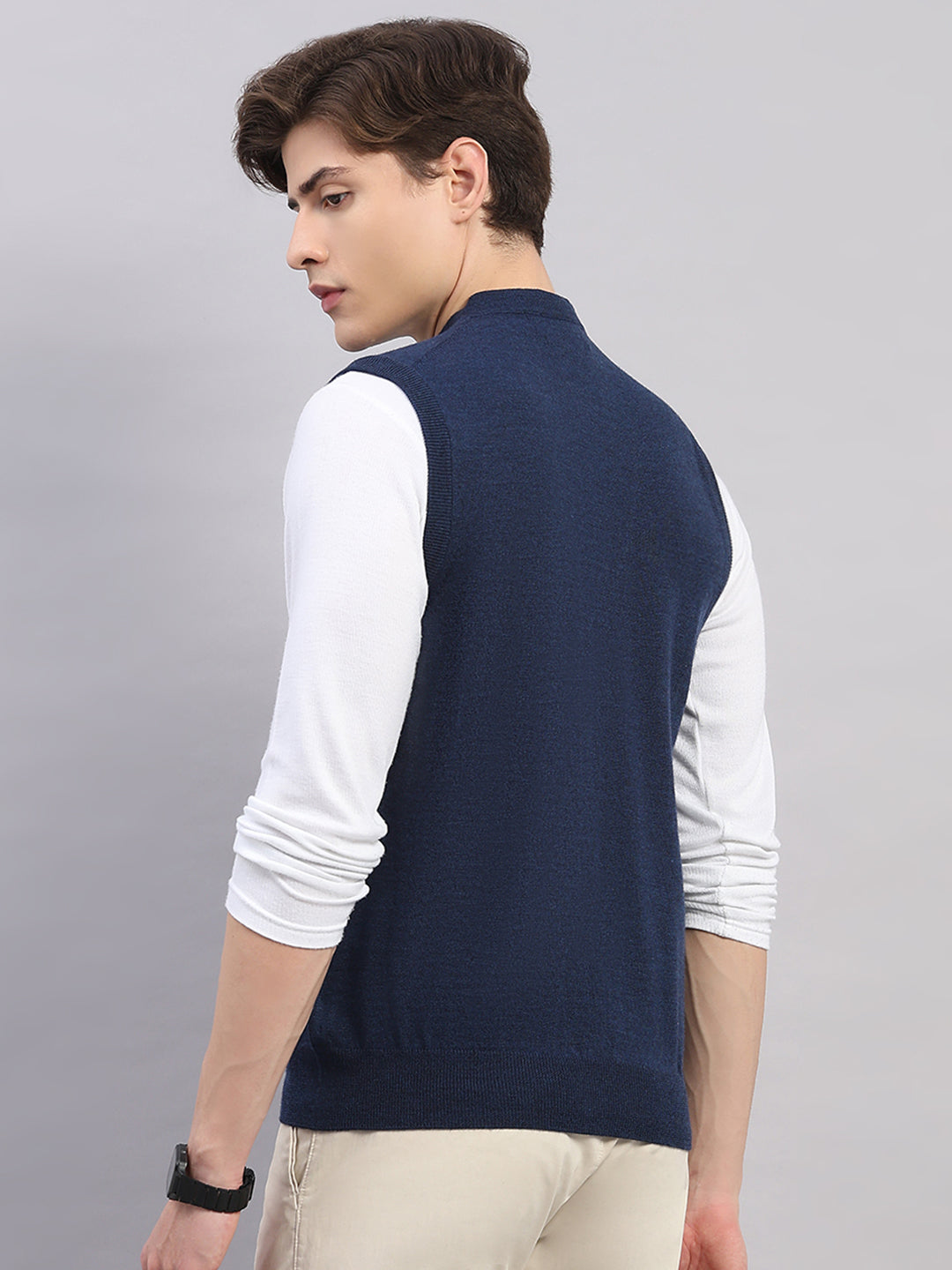 Men Navy Blue Solid V Neck Sleeveless Cardigan