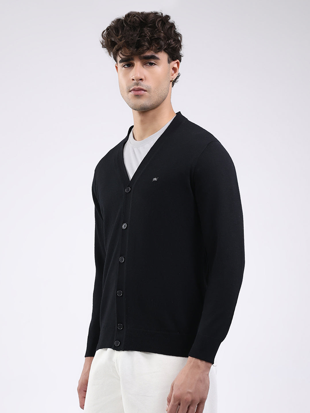 Men Black Solid V Neck Full Sleeve Cardigan