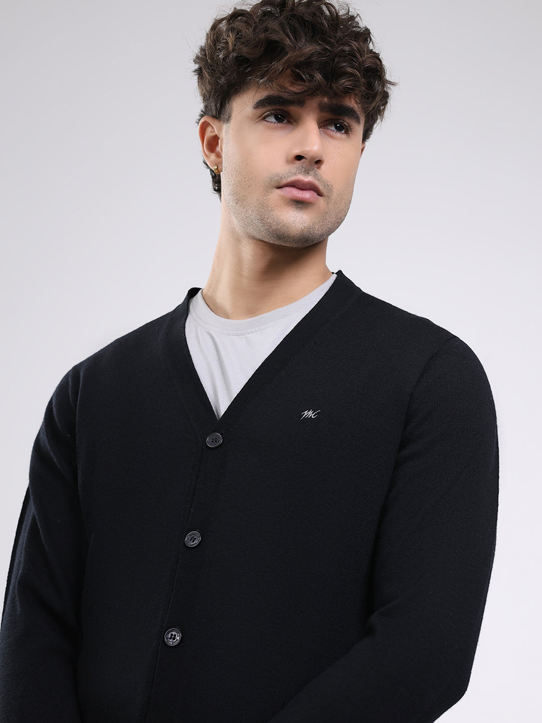 Men Black Solid V Neck Full Sleeve Cardigan