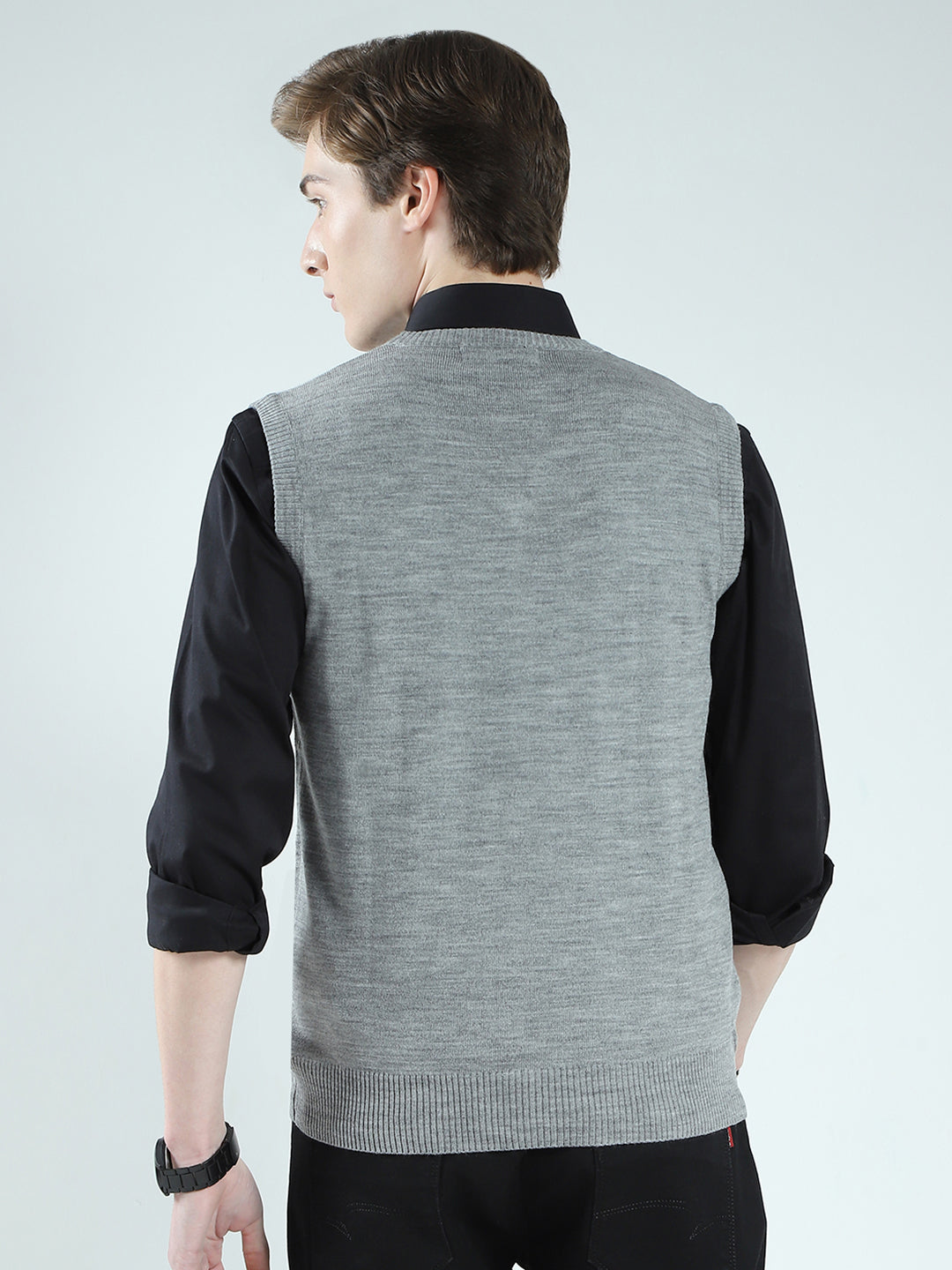 Men Grey Solid V Neck Sleeveless Sweater