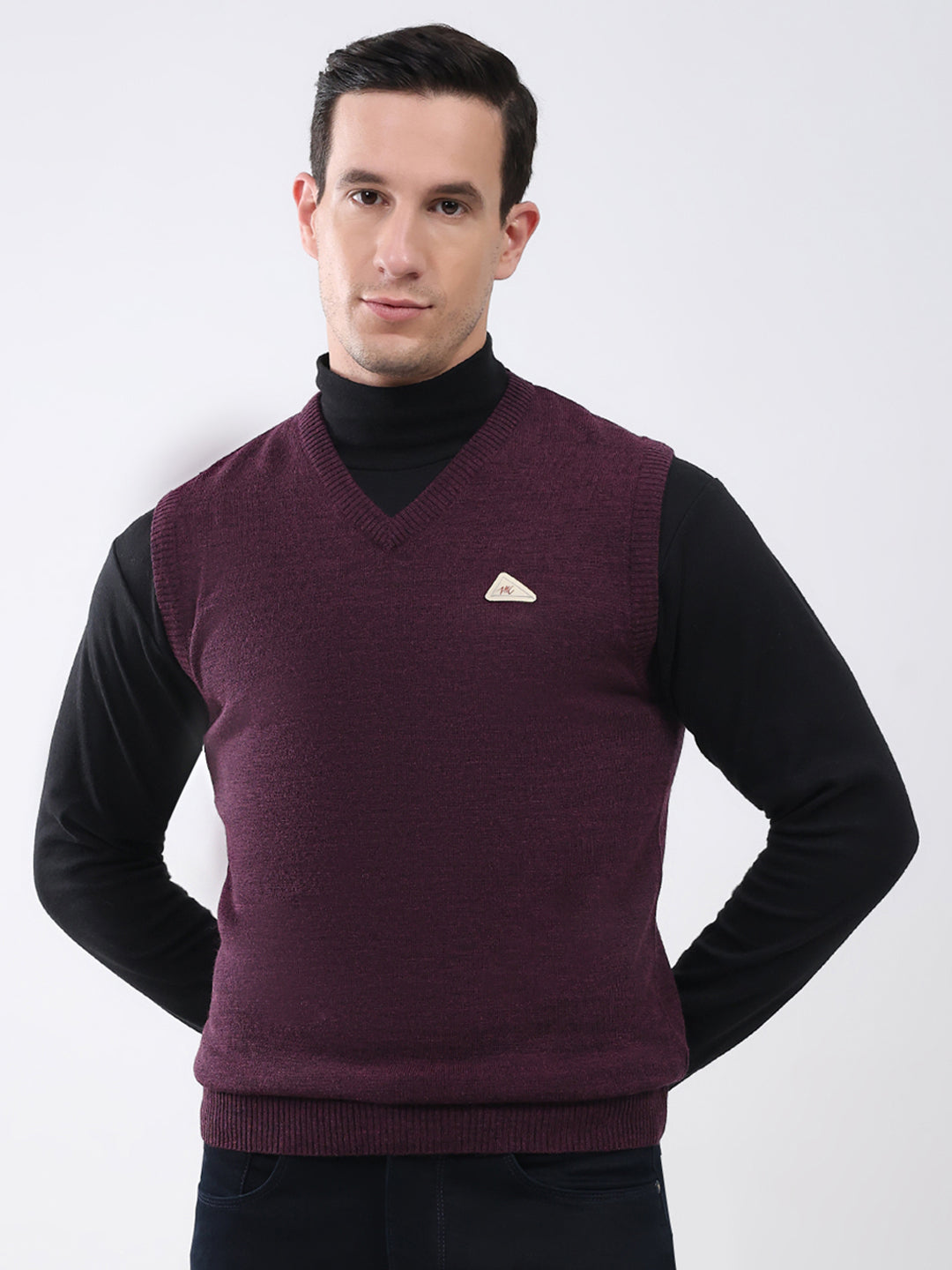 Men Purple Solid V Neck Sleeveless Sweater