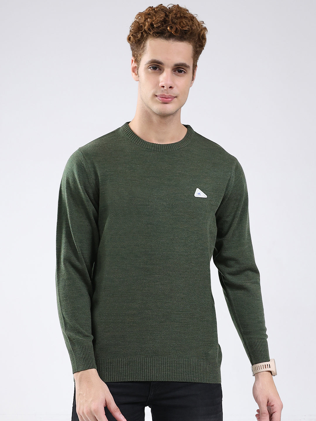Men Green Solid Round Neck Full Sleeve Pullover