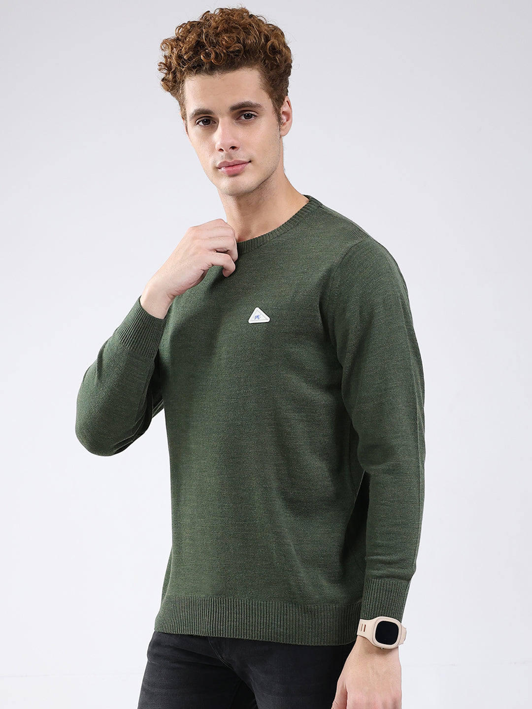 Men Green Solid Round Neck Full Sleeve Pullover