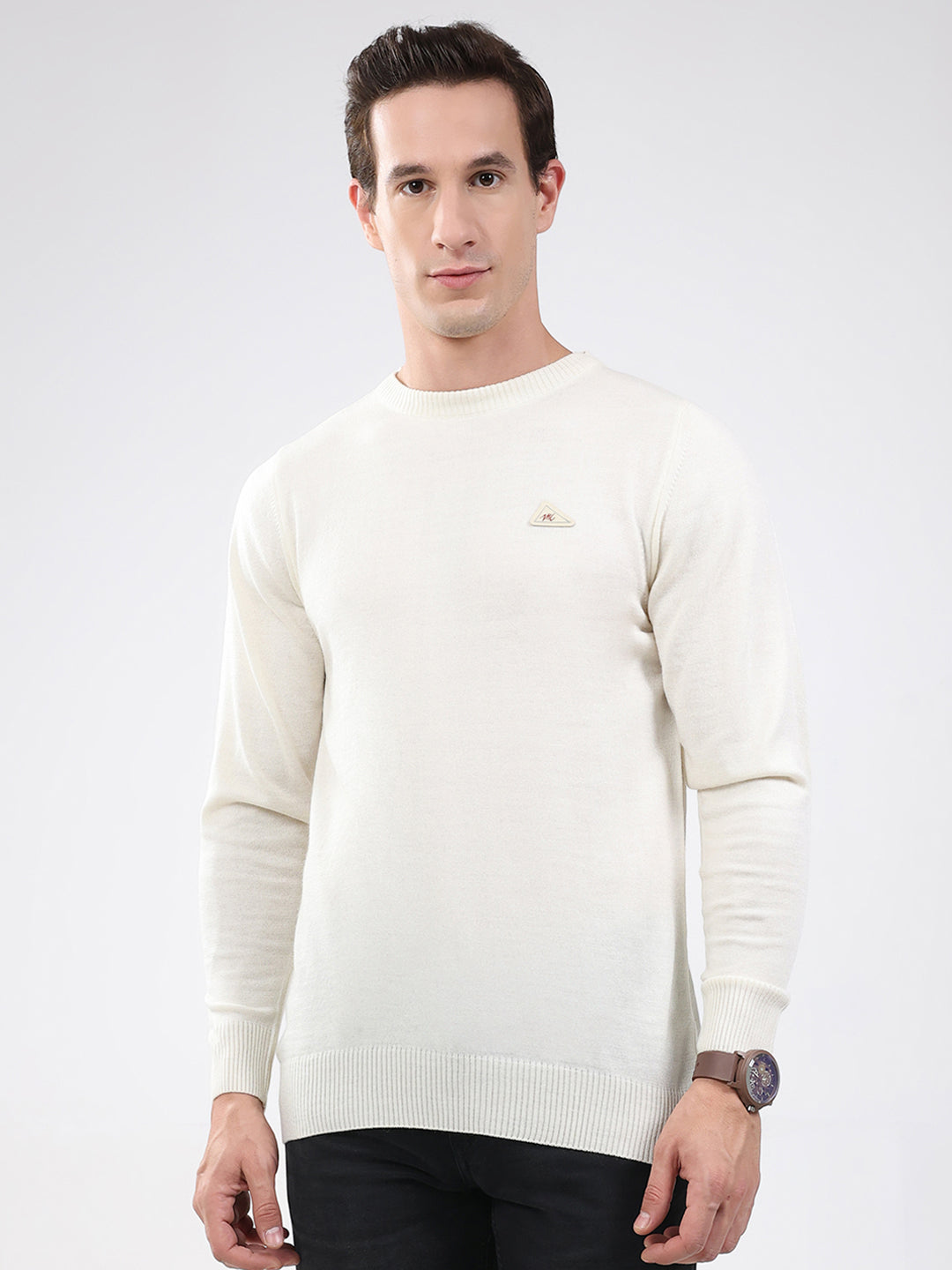 Men Cream Solid Round Neck Full Sleeve Pullover