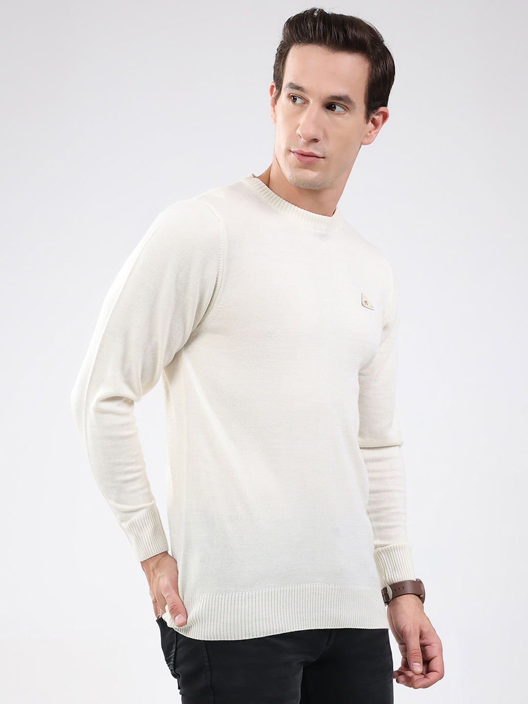 Men Cream Solid Round Neck Full Sleeve Pullover