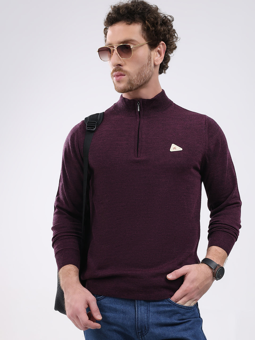 Men Purple Solid Mock Neck Full Sleeve Pullover
