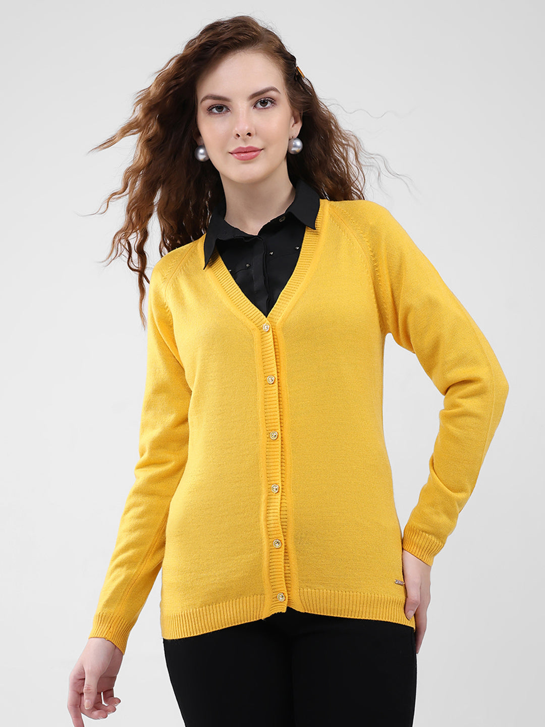 Women Yellow Solid V Neck Full Sleeve Cardigan