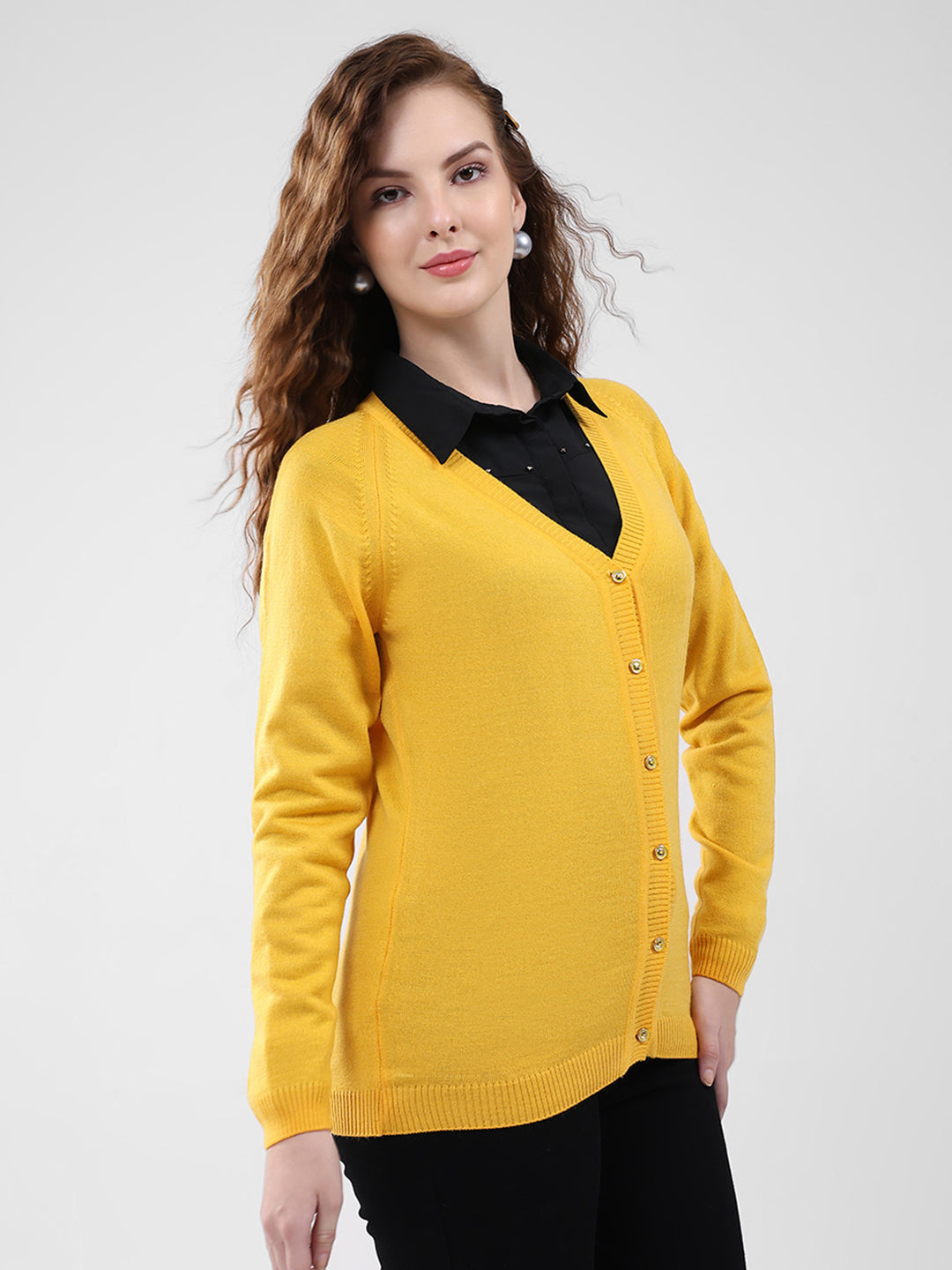 Women Yellow Solid V Neck Full Sleeve Cardigan