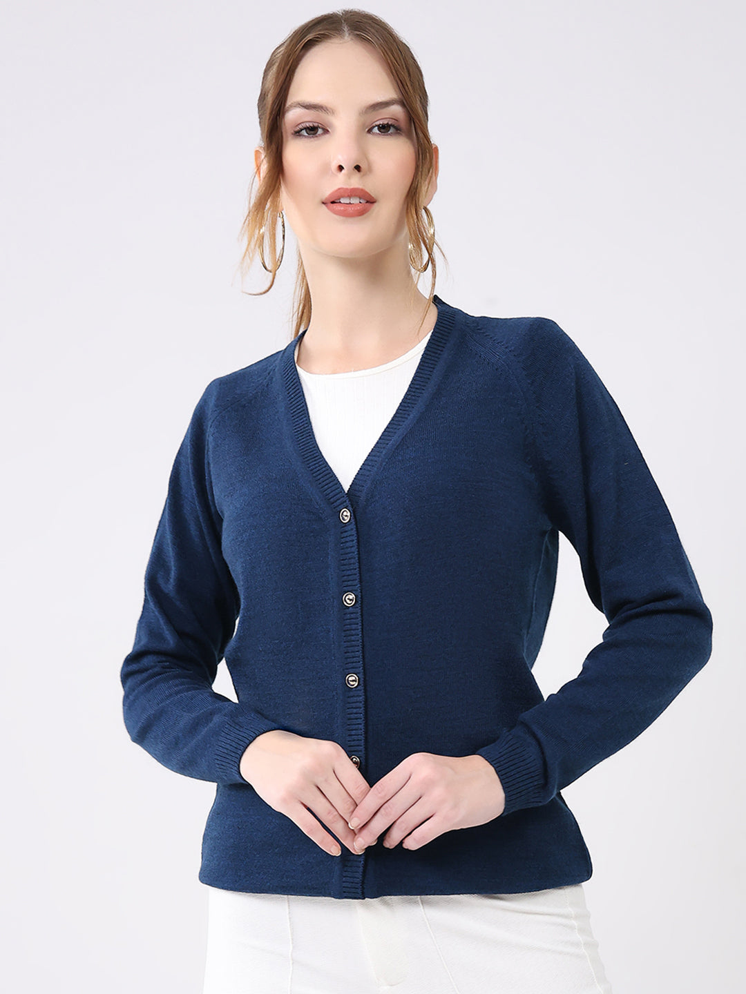 Women Blue Solid V Neck Full Sleeve Cardigan