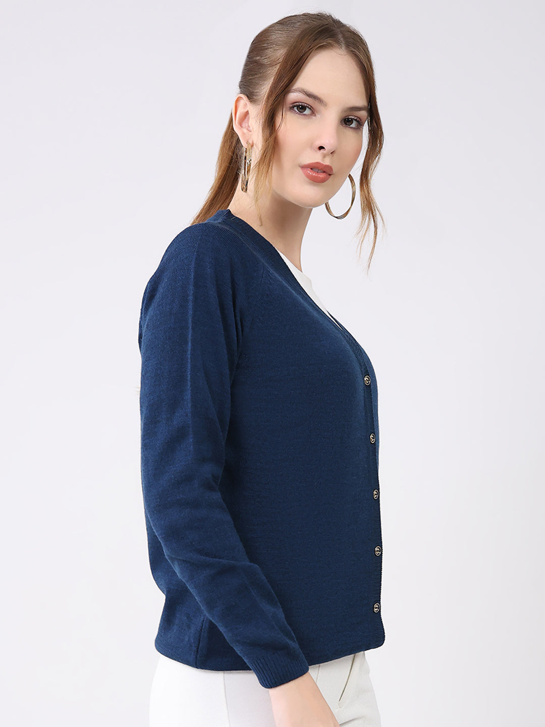 Women Blue Solid V Neck Full Sleeve Cardigan