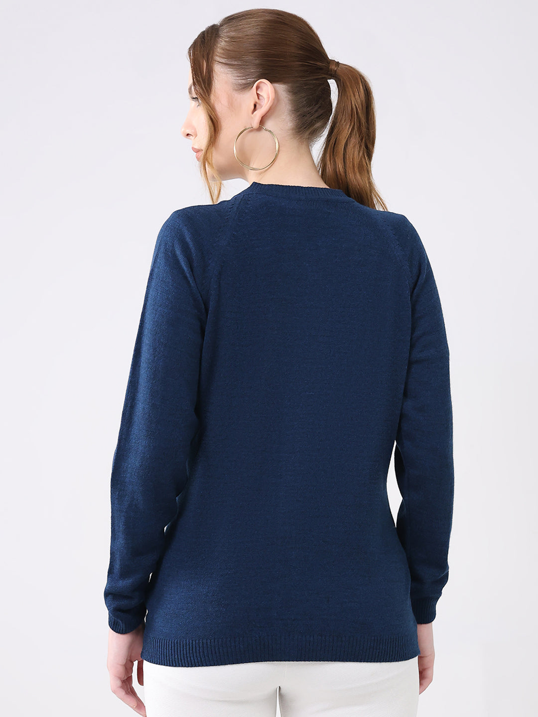 Women Blue Solid V Neck Full Sleeve Cardigan