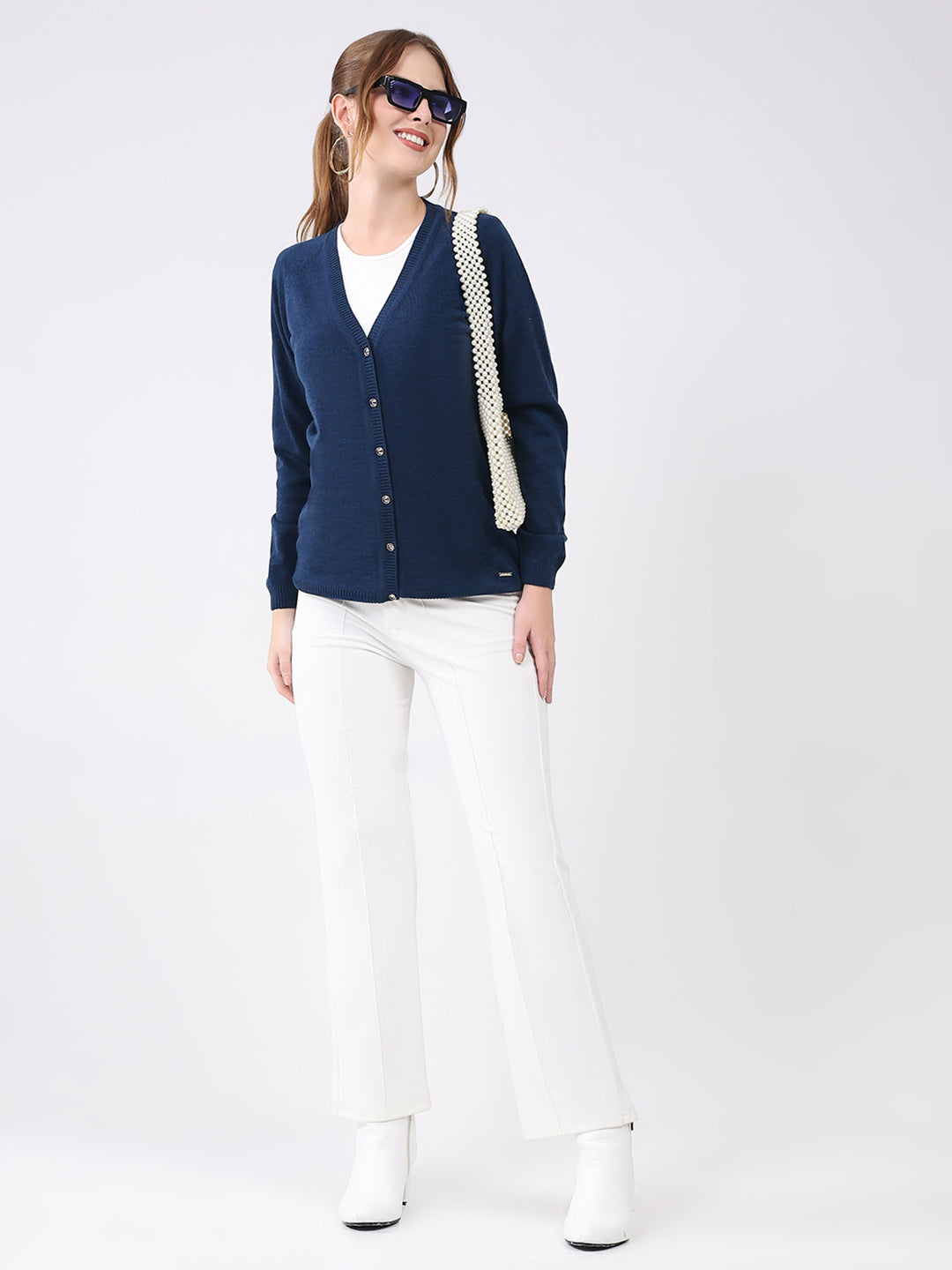 Women Blue Solid V Neck Full Sleeve Cardigan