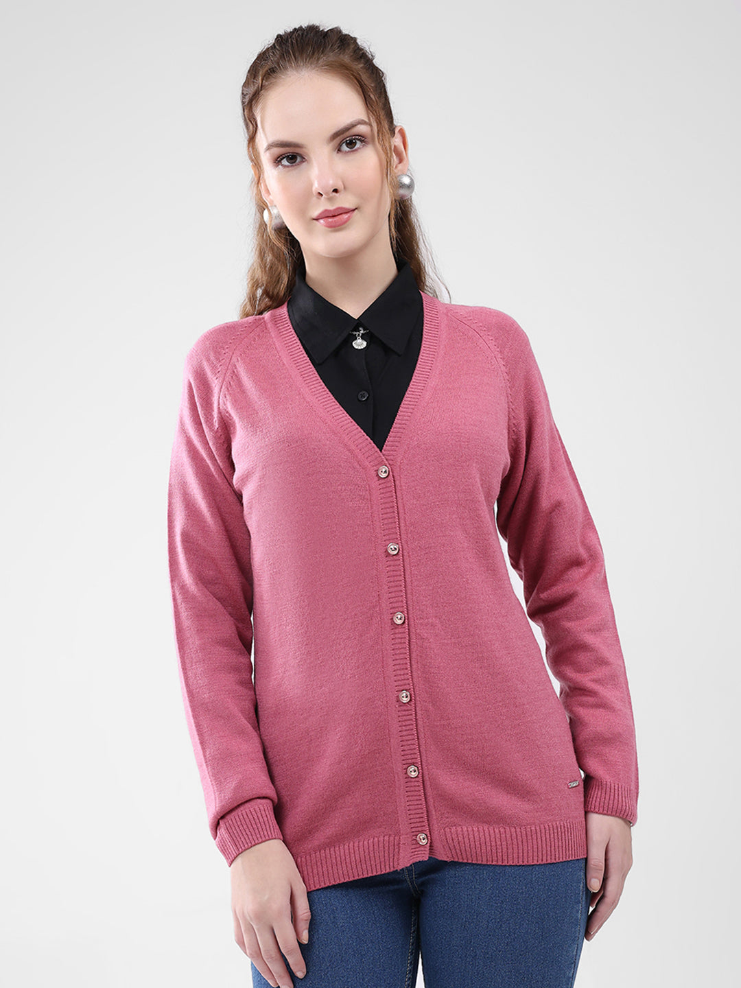 Women Pink Solid V Neck Full Sleeve Cardigan