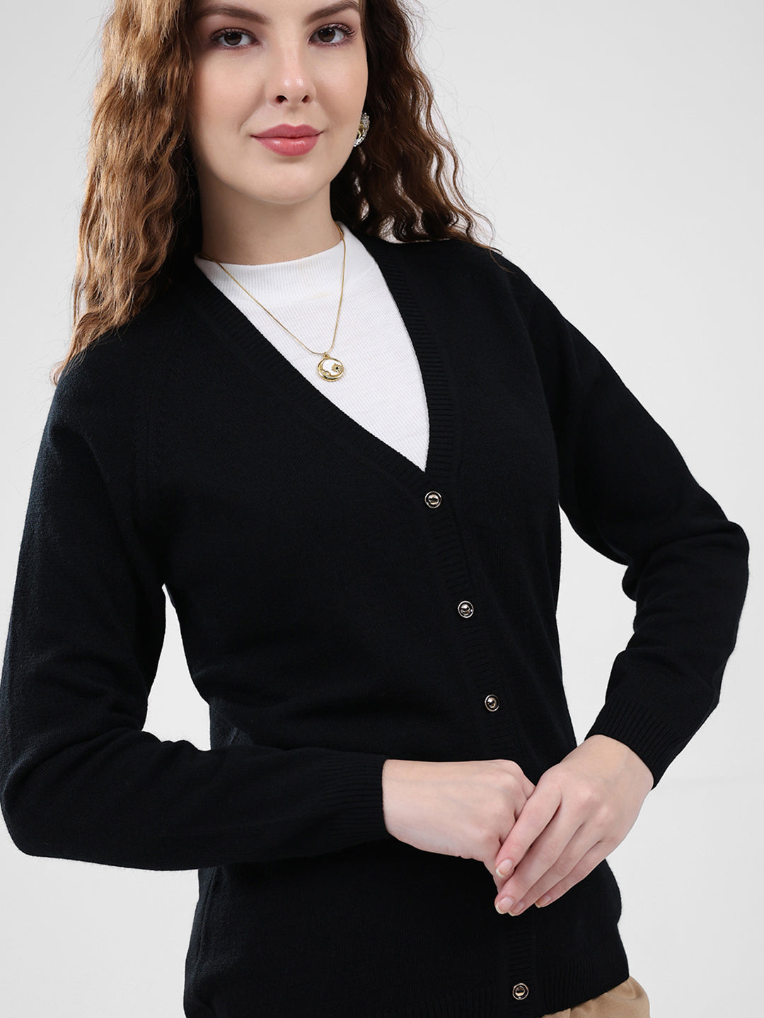 Women Black Solid V Neck Full Sleeve Cardigan