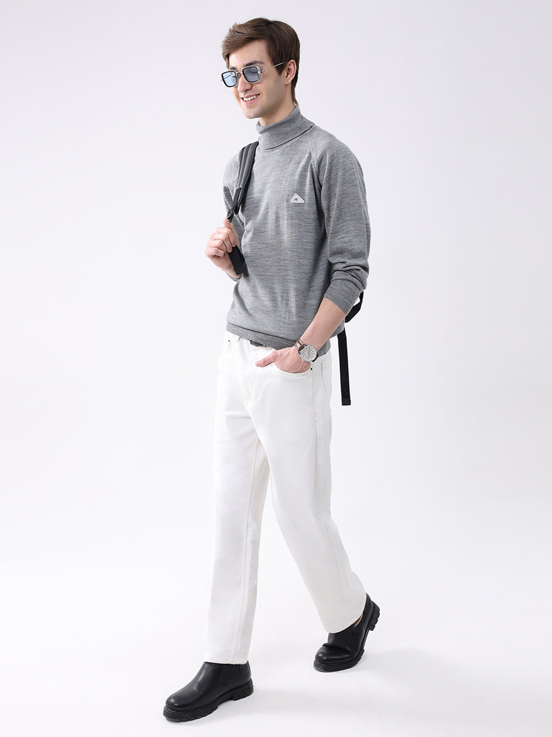 Men Grey Solid Turtle Neck Full Sleeve Pullover