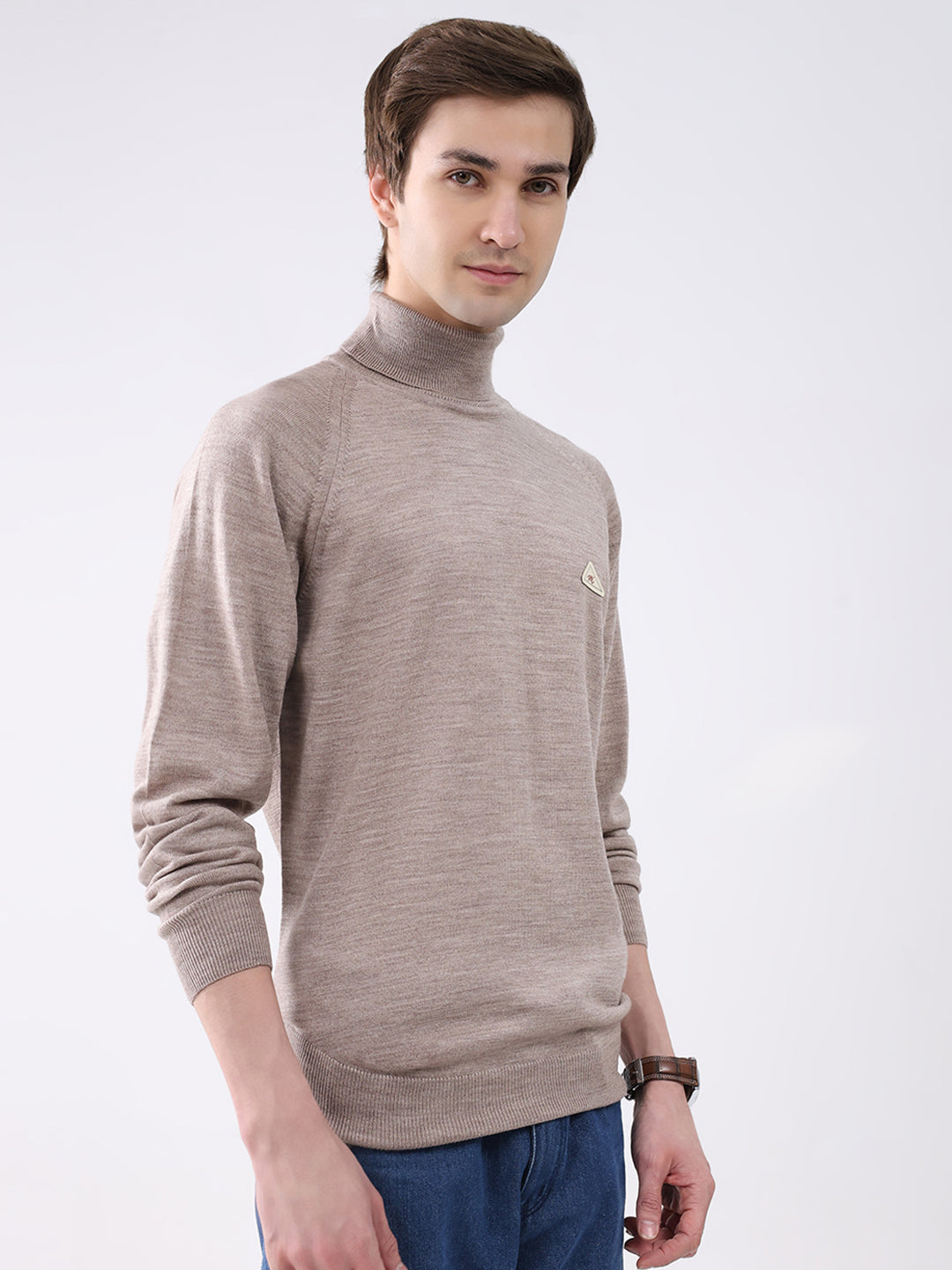 Men Beige Solid Turtle Neck Full Sleeve Pullover