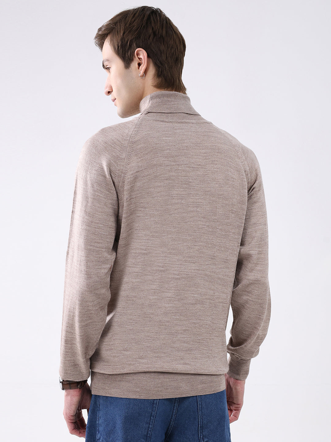 Men Beige Solid Turtle Neck Full Sleeve Pullover