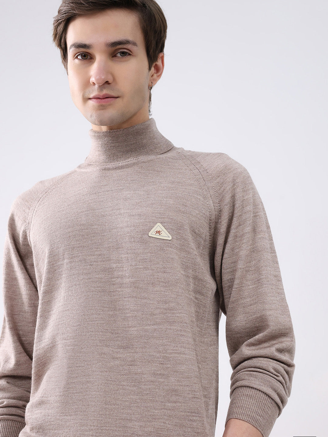 Men Beige Solid Turtle Neck Full Sleeve Pullover