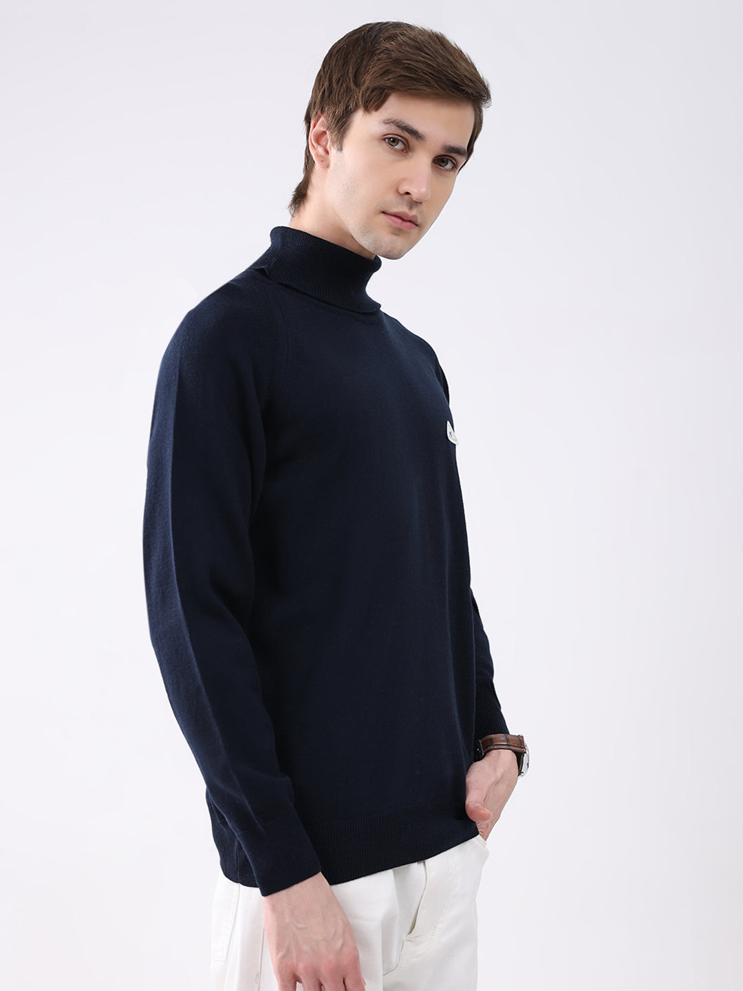 Men Navy Blue Solid Turtle Neck Full Sleeve Pullover